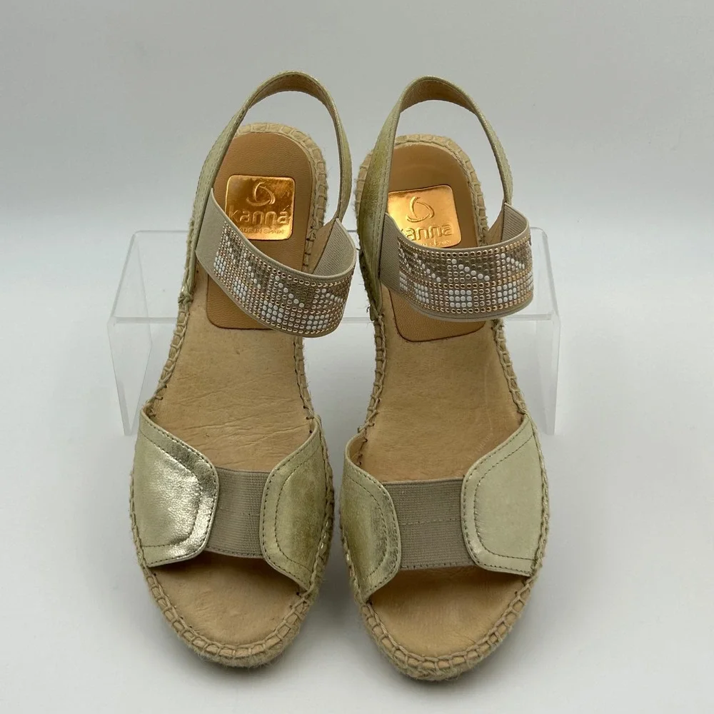 Kanna Espadrille Wedge Sandals Womens 38 Gold Metallic Beaded Boho Summer‎ Chic